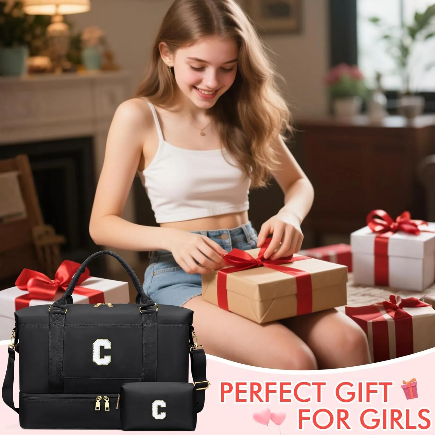 Personalized Initial Travel Duffle Bag for Teen Girl, Weekender Overnight Monogram Gym Carry on Bag with Shoe Compartment, Gifts for Daughter Friend Birthday Christmas