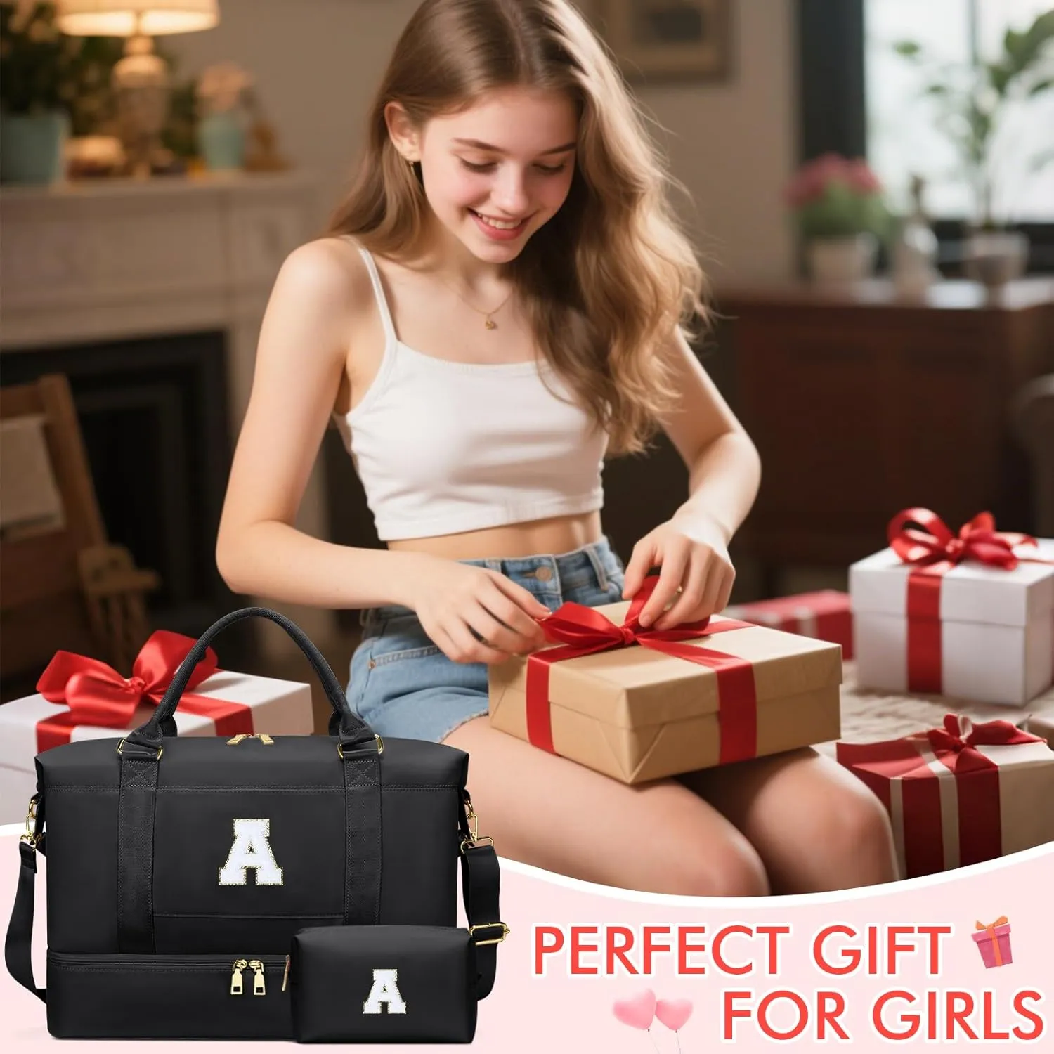 Personalized Initial Travel Duffle Bag for Teen Girl, Weekender Overnight Monogram Gym Carry on Bag with Shoe Compartment, Gifts for Daughter Friend Birthday Christmas