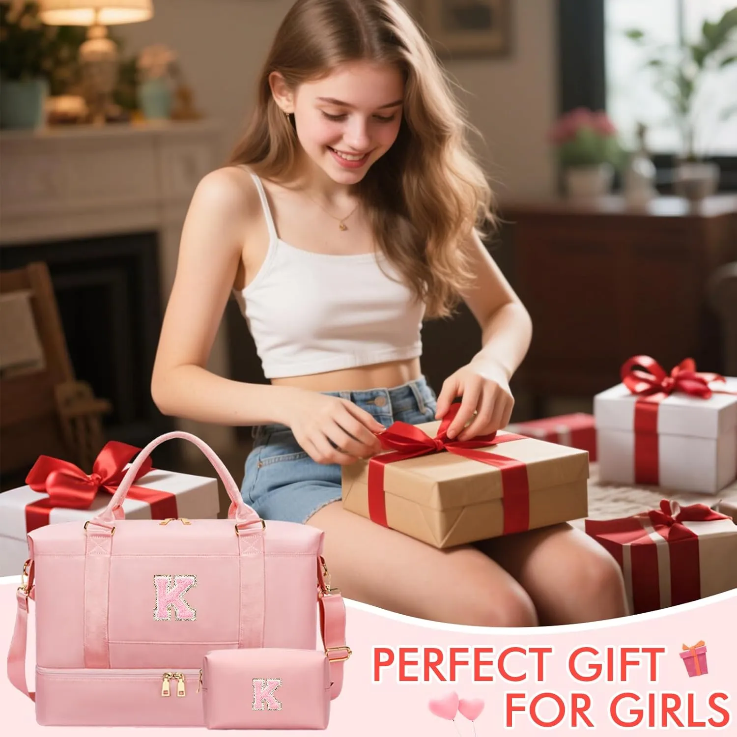 Personalized Initial Travel Duffle Bag for Teen Girl, Weekender Overnight Monogram Gym Carry on Bag with Shoe Compartment, Gifts for Daughter Friend Birthday Christmas