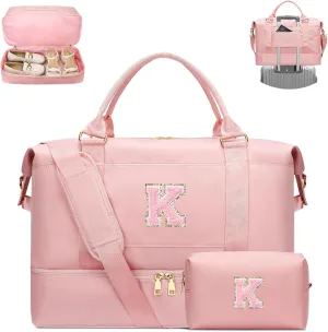 Personalized Initial Travel Duffle Bag for Teen Girl, Weekender Overnight Monogram Gym Carry on Bag with Shoe Compartment, Gifts for Daughter Friend Birthday Christmas