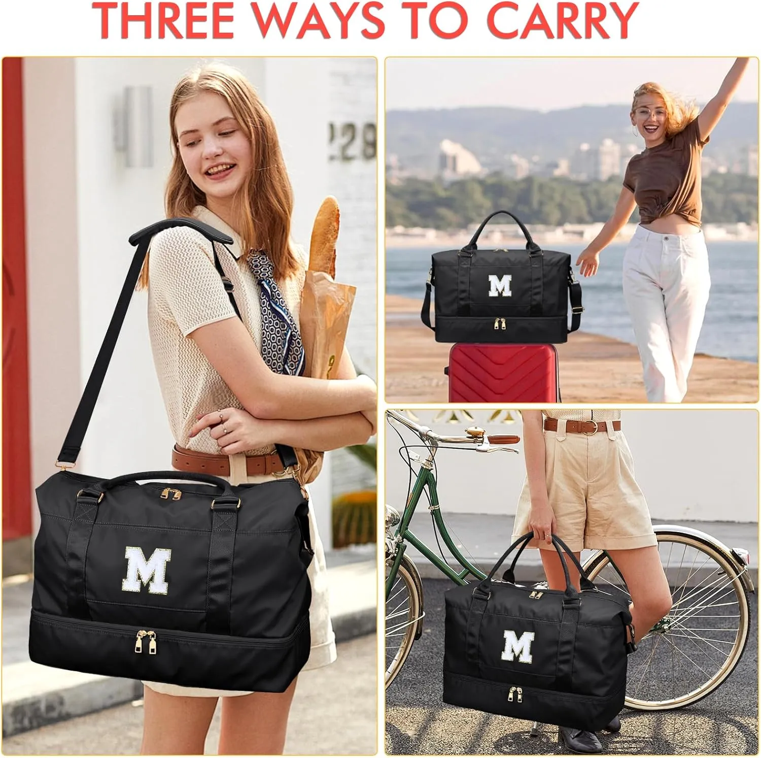 Personalized Initial Travel Duffle Bag for Teen Girl, Weekender Overnight Monogram Gym Carry on Bag with Shoe Compartment, Gifts for Daughter Friend Birthday Christmas