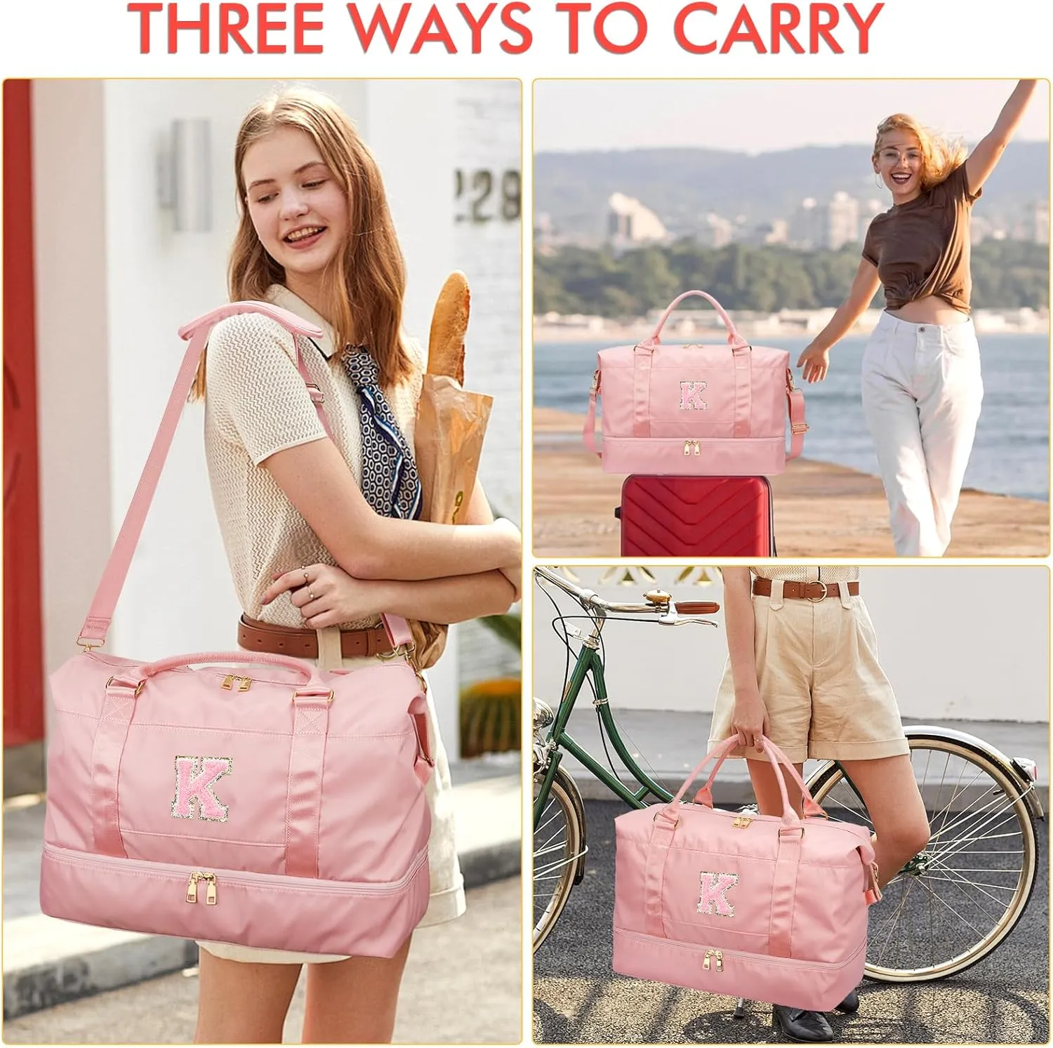Personalized Initial Travel Duffle Bag for Teen Girl, Weekender Overnight Monogram Gym Carry on Bag with Shoe Compartment, Gifts for Daughter Friend Birthday Christmas