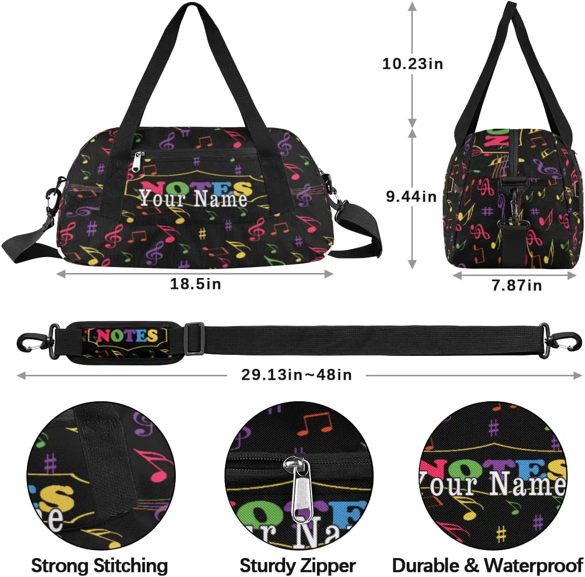 Personalized Kids Duffel Bag Colorful Music Note Pattern,Custom Sport Gym Bag for Boys Girls,WWeekender Overnight Bags Travel Duffel Bag,Customized Kids Gift