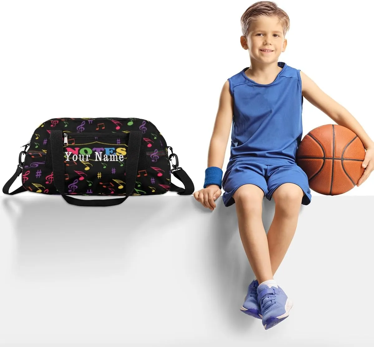 Personalized Kids Duffel Bag Colorful Music Note Pattern,Custom Sport Gym Bag for Boys Girls,WWeekender Overnight Bags Travel Duffel Bag,Customized Kids Gift