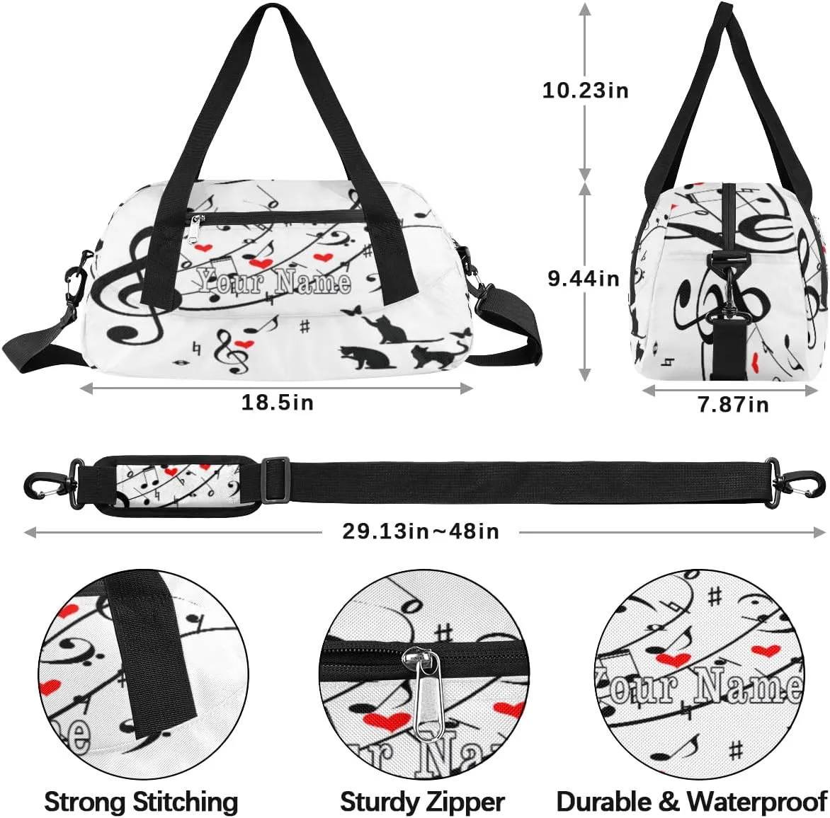 Personalized Kids Duffel Bag Cute Cat Music Note,Custom Sport Gym Bag for Boys Girls,WWeekender Overnight Bags Travel Duffel Bag,Customized Kids Gift