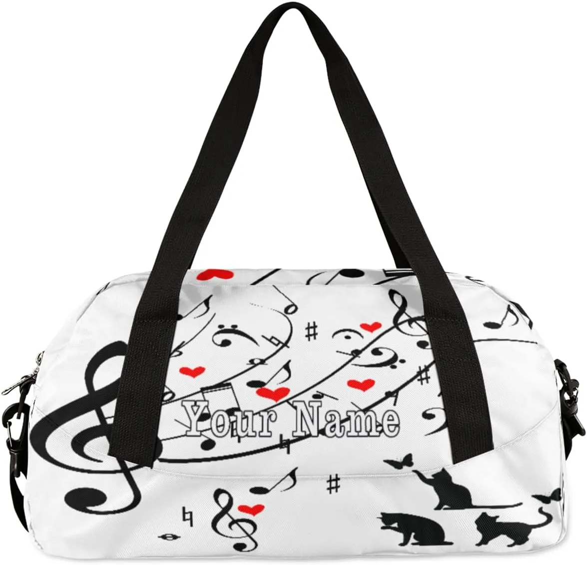 Personalized Kids Duffel Bag Cute Cat Music Note,Custom Sport Gym Bag for Boys Girls,WWeekender Overnight Bags Travel Duffel Bag,Customized Kids Gift