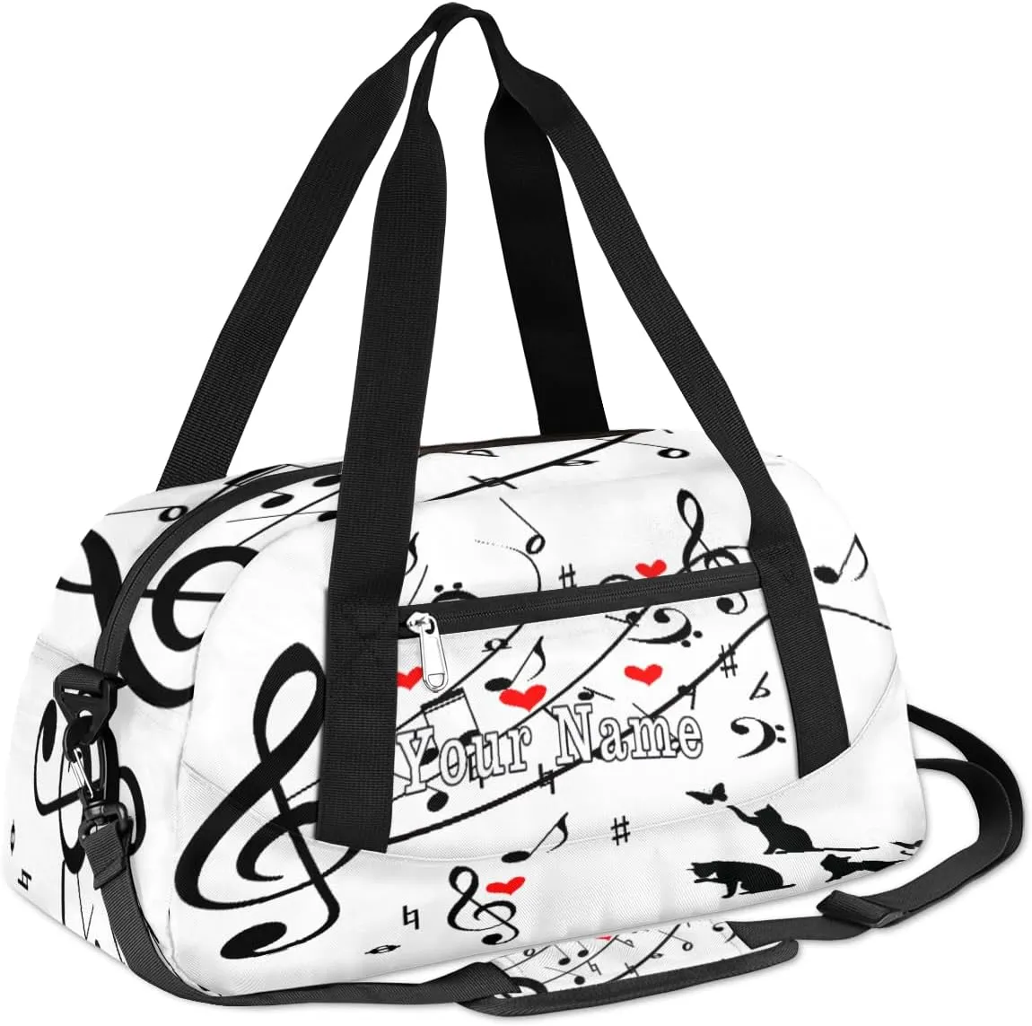 Personalized Kids Duffel Bag Cute Cat Music Note,Custom Sport Gym Bag for Boys Girls,WWeekender Overnight Bags Travel Duffel Bag,Customized Kids Gift