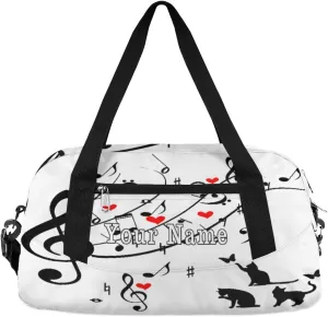 Personalized Kids Duffel Bag Cute Cat Music Note,Custom Sport Gym Bag for Boys Girls,WWeekender Overnight Bags Travel Duffel Bag,Customized Kids Gift