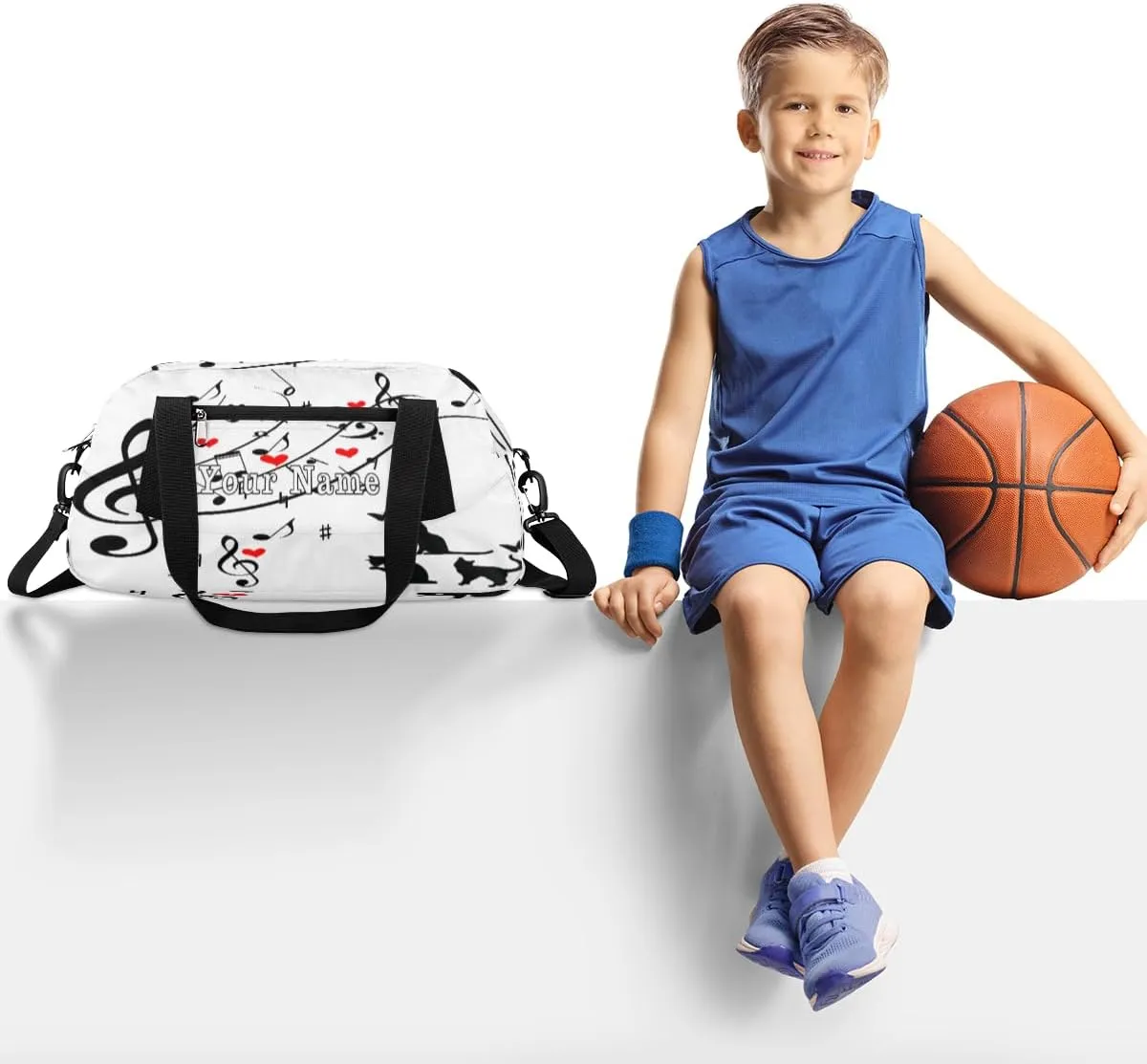 Personalized Kids Duffel Bag Cute Cat Music Note,Custom Sport Gym Bag for Boys Girls,WWeekender Overnight Bags Travel Duffel Bag,Customized Kids Gift