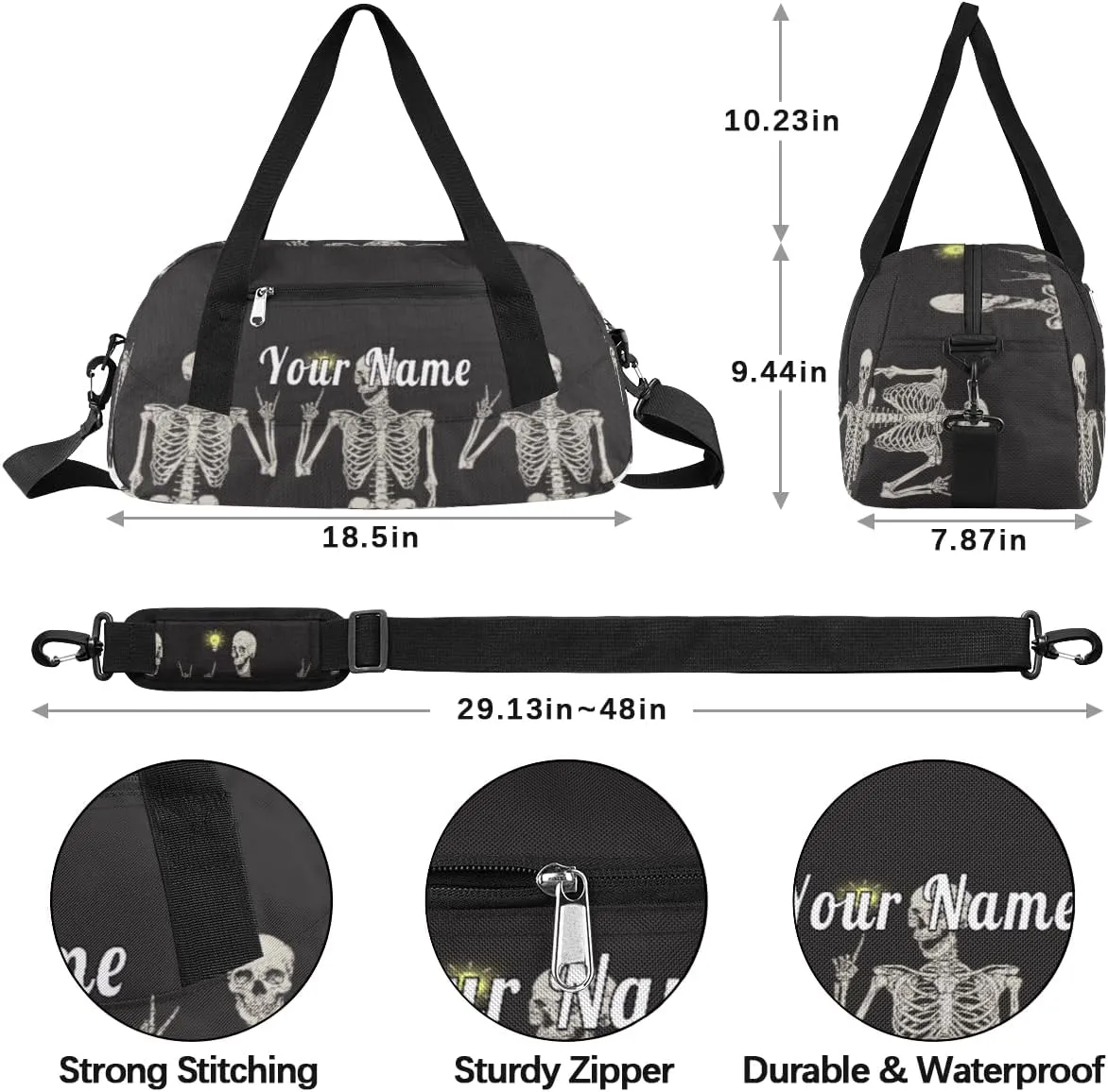 Personalized Kids Duffel Bag Funny Skull Skeleton,Custom Sport Gym Bag for Boys Girls,WWeekender Overnight Bags Travel Duffel Bag,Customized Kids Gift