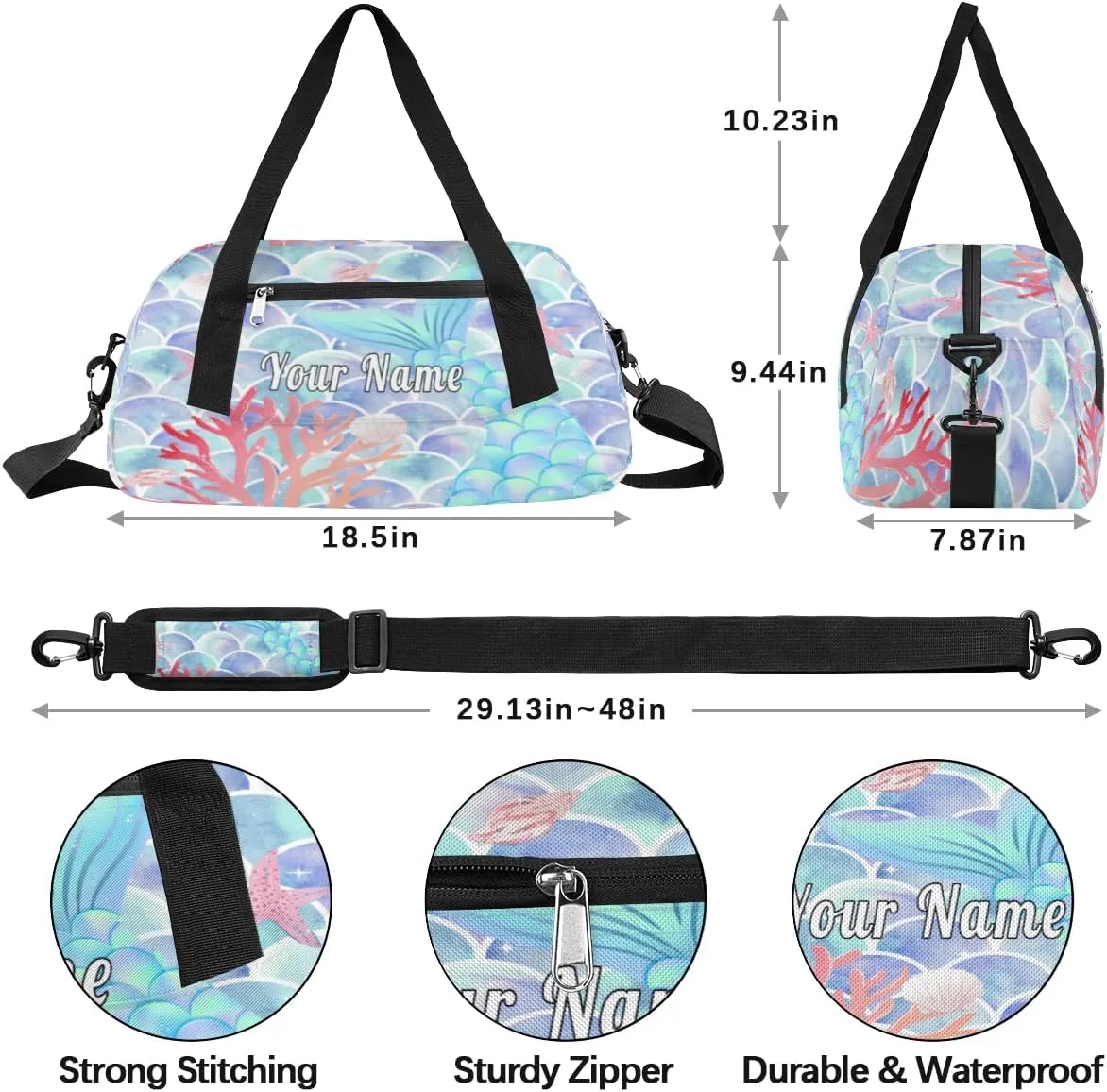 Personalized Kids Duffel Bag Ocean Mermaid Scale Tail,Custom Sport Gym Bag for Boys Girls,WWeekender Overnight Bags Travel Duffel Bag,Customized Kids Gift