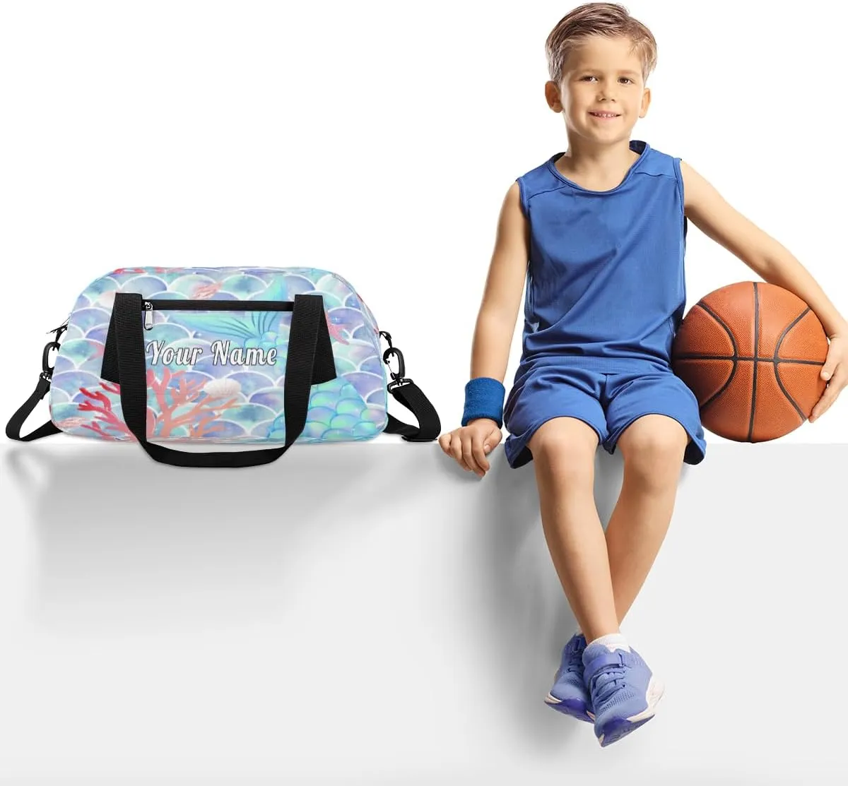 Personalized Kids Duffel Bag Ocean Mermaid Scale Tail,Custom Sport Gym Bag for Boys Girls,WWeekender Overnight Bags Travel Duffel Bag,Customized Kids Gift