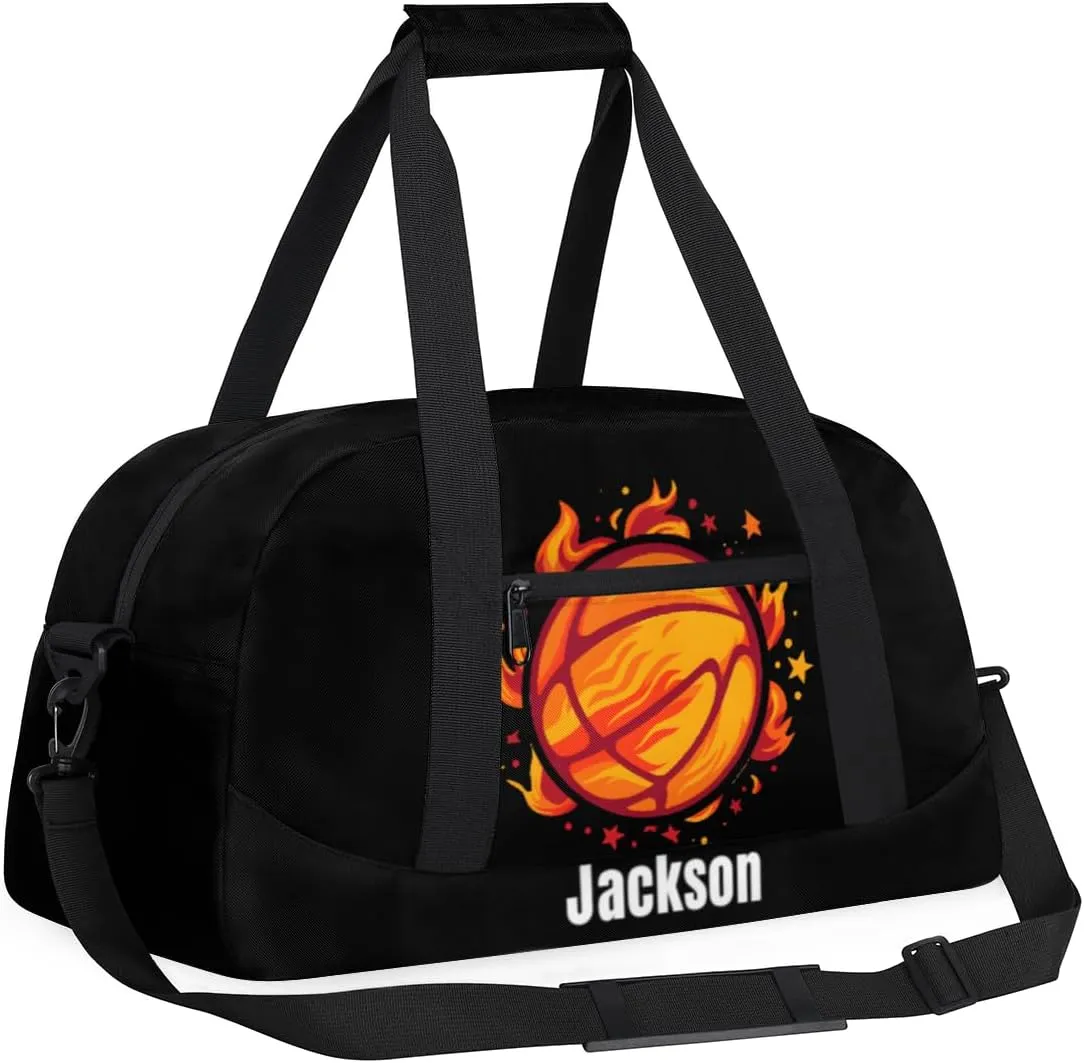 Personalized Kids Gym Bag Basketball Fire Flower Custom Name Sport Duffel Bag for Teens Boys Large Practice Workout Bags Travel Duffel Bag