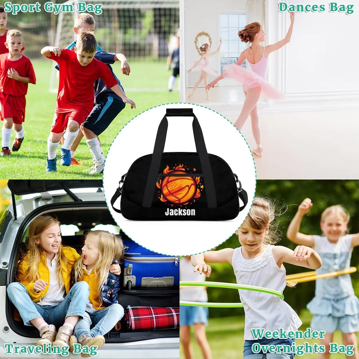 Personalized Kids Gym Bag Basketball Fire Flower Custom Name Sport Duffel Bag for Teens Boys Large Practice Workout Bags Travel Duffel Bag