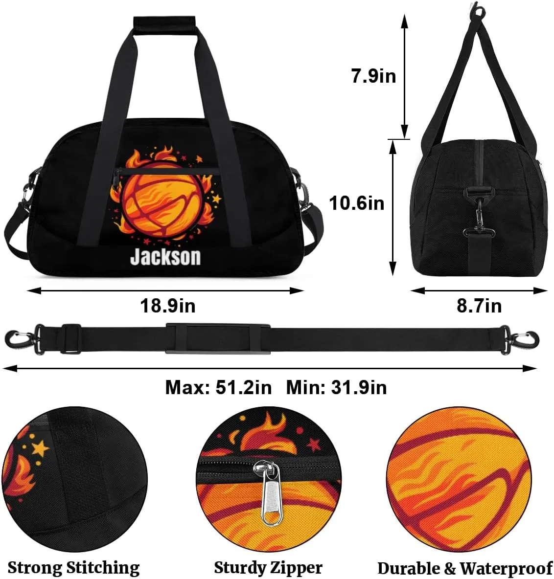 Personalized Kids Gym Bag Basketball Fire Flower Custom Name Sport Duffel Bag for Teens Boys Large Practice Workout Bags Travel Duffel Bag