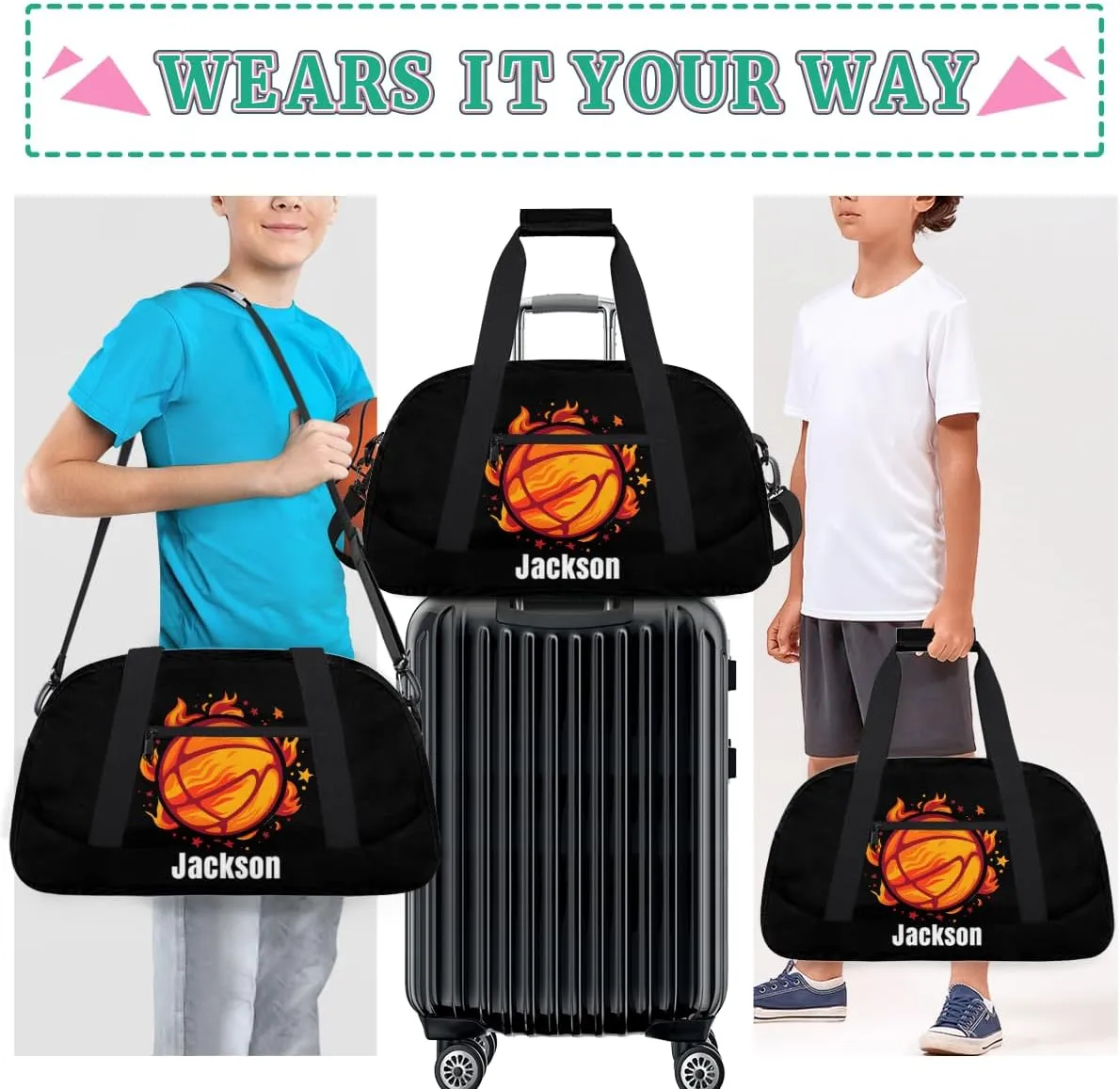 Personalized Kids Gym Bag Basketball Fire Flower Custom Name Sport Duffel Bag for Teens Boys Large Practice Workout Bags Travel Duffel Bag