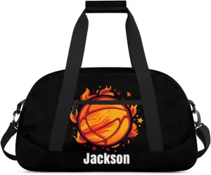 Personalized Kids Gym Bag Basketball Fire Flower Custom Name Sport Duffel Bag for Teens Boys Large Practice Workout Bags Travel Duffel Bag