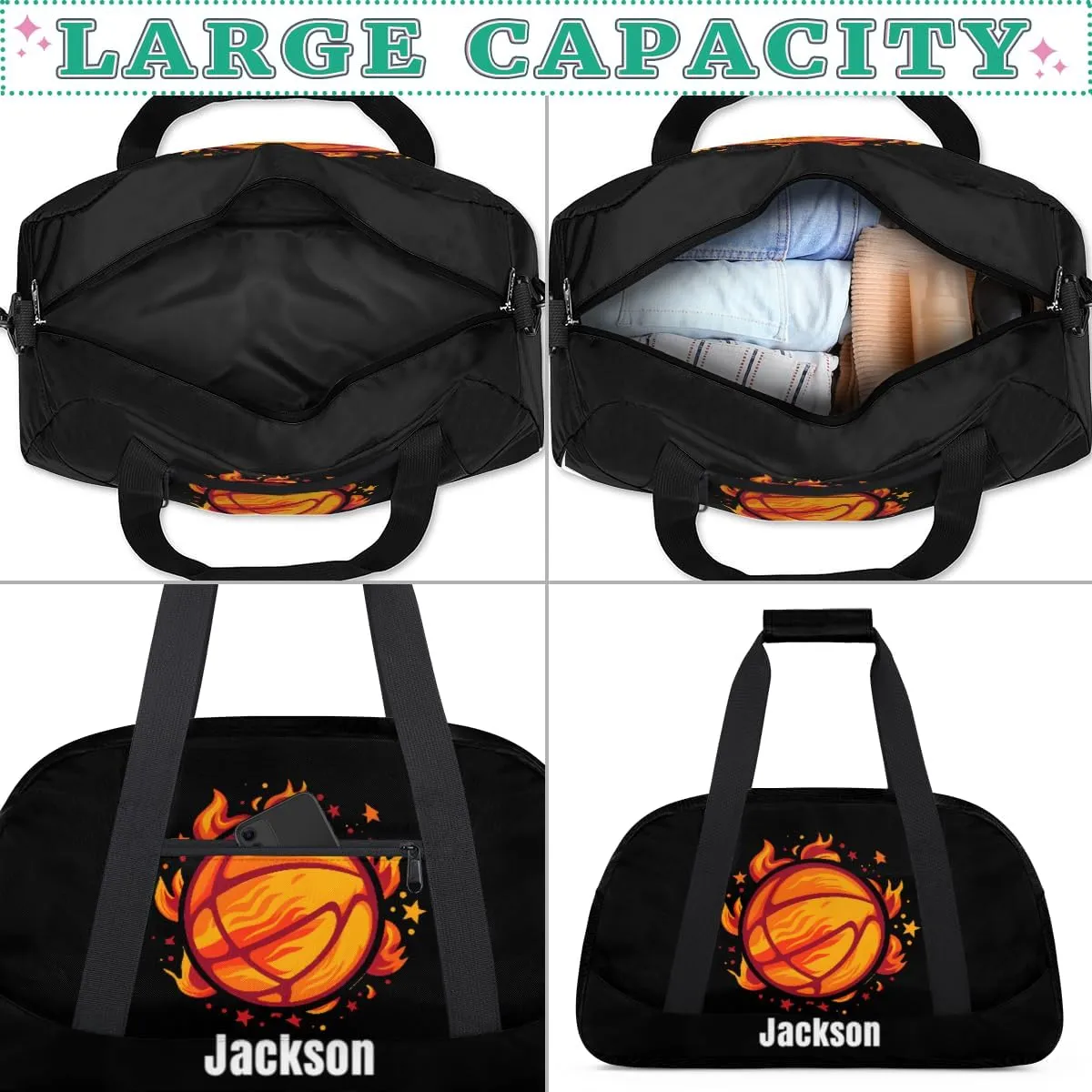 Personalized Kids Gym Bag Basketball Fire Flower Custom Name Sport Duffel Bag for Teens Boys Large Practice Workout Bags Travel Duffel Bag