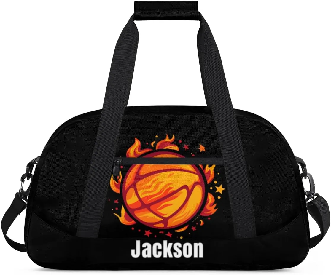 Personalized Kids Gym Bag Basketball Fire Flower Custom Name Sport Duffel Bag for Teens Boys Large Practice Workout Bags Travel Duffel Bag