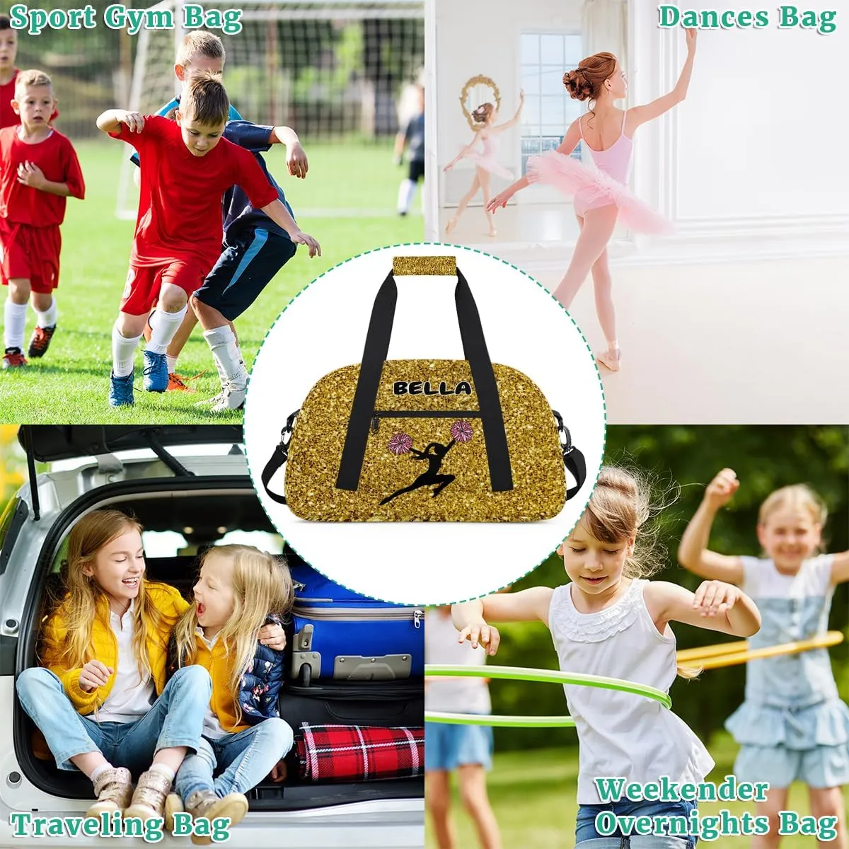 Personalized Kids Gym Bag, Custom Sport Duffel Bag, Cheerleading Dance Bag Weekender Bags Travel Duffel Bag for Girl Yellow Golden Sequins Effect
