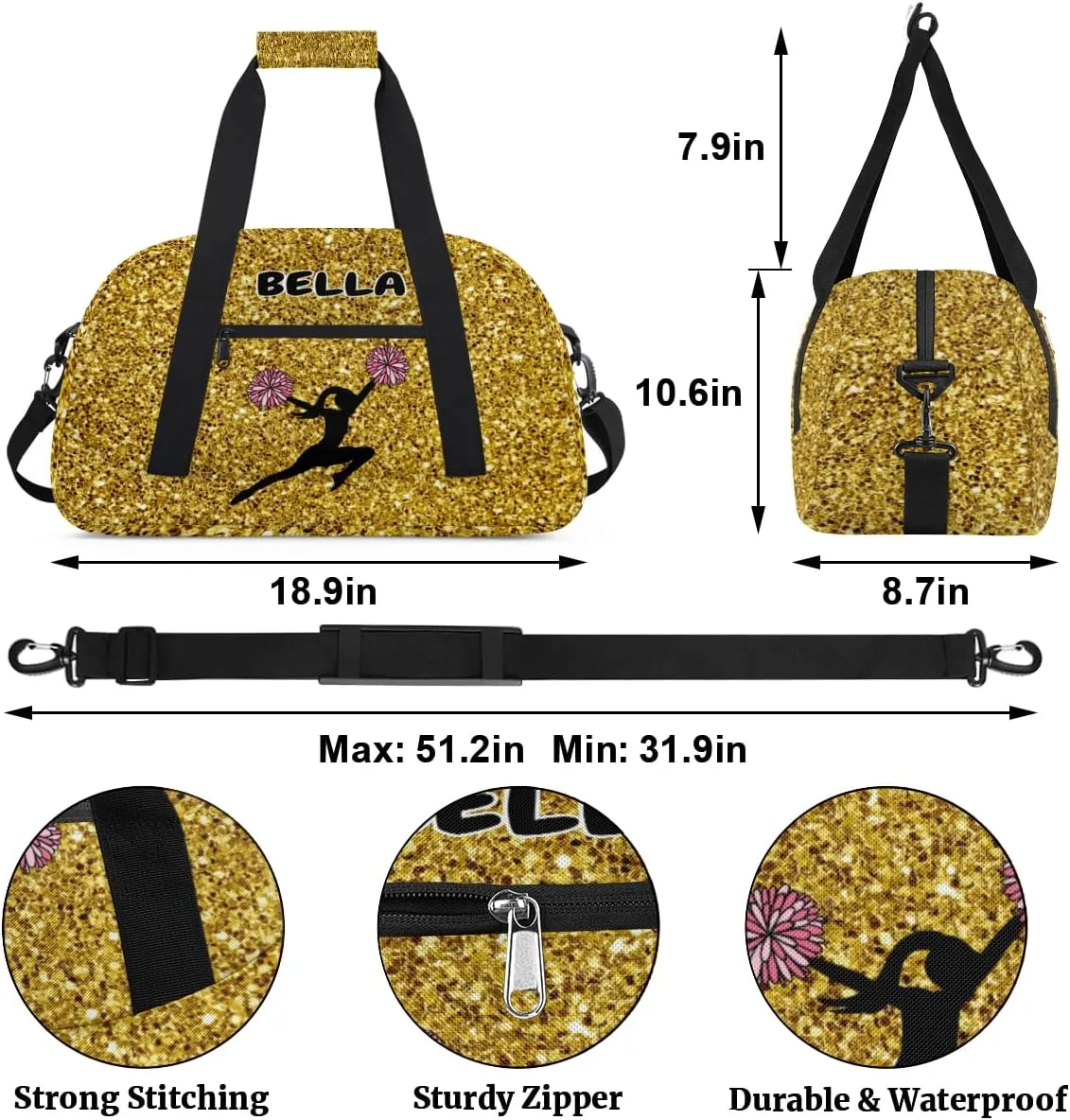 Personalized Kids Gym Bag, Custom Sport Duffel Bag, Cheerleading Dance Bag Weekender Bags Travel Duffel Bag for Girl Yellow Golden Sequins Effect