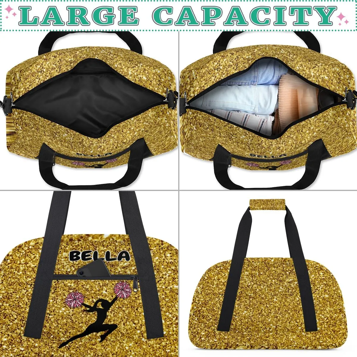 Personalized Kids Gym Bag, Custom Sport Duffel Bag, Cheerleading Dance Bag Weekender Bags Travel Duffel Bag for Girl Yellow Golden Sequins Effect
