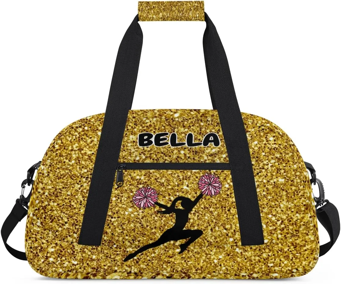 Personalized Kids Gym Bag, Custom Sport Duffel Bag, Cheerleading Dance Bag Weekender Bags Travel Duffel Bag for Girl Yellow Golden Sequins Effect