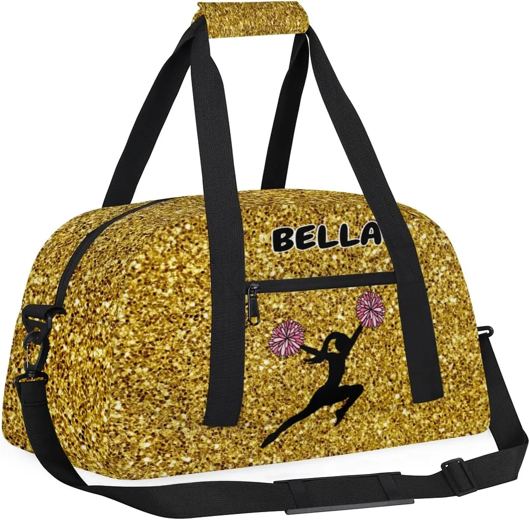 Personalized Kids Gym Bag, Custom Sport Duffel Bag, Cheerleading Dance Bag Weekender Bags Travel Duffel Bag for Girl Yellow Golden Sequins Effect