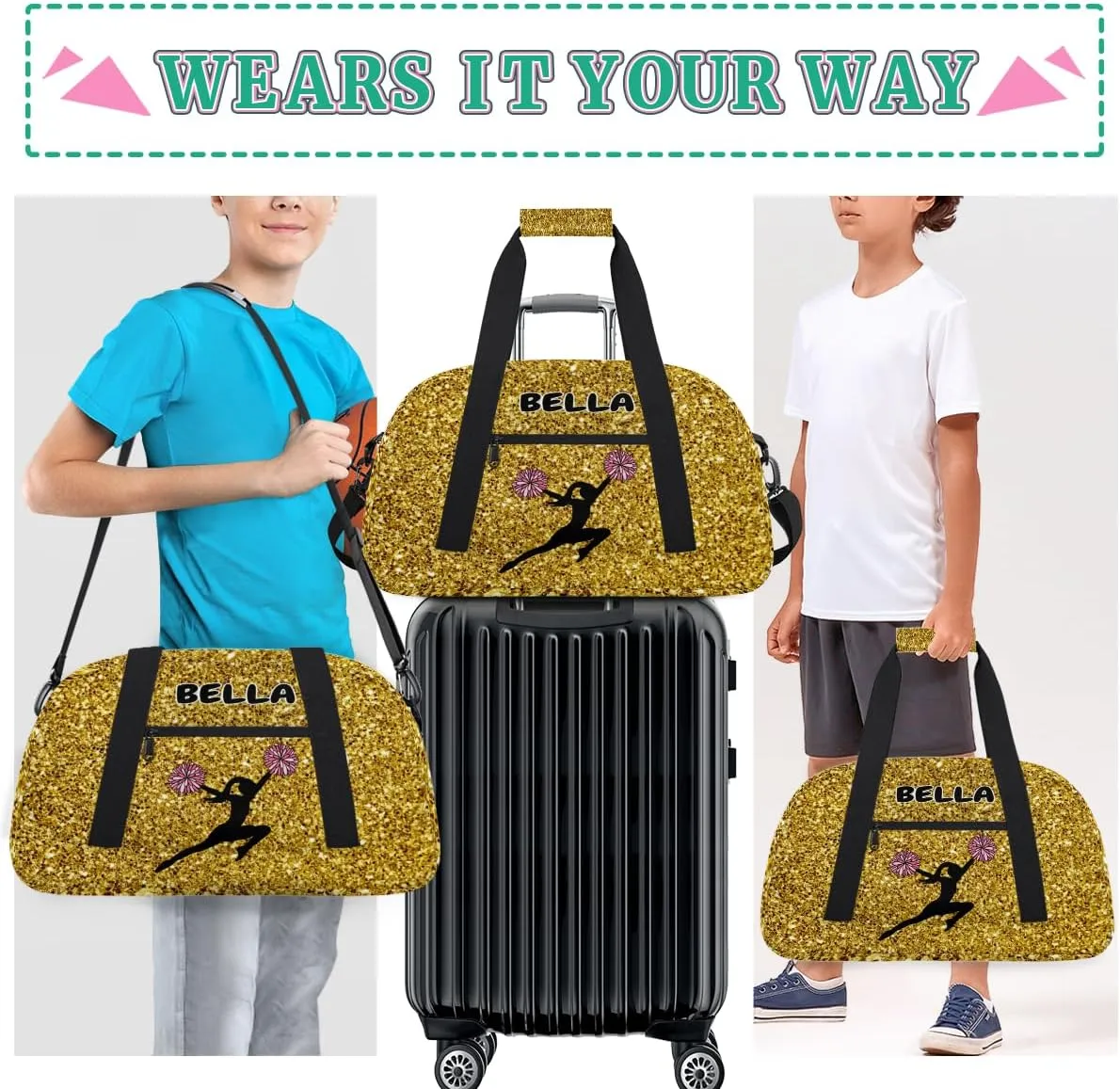 Personalized Kids Gym Bag, Custom Sport Duffel Bag, Cheerleading Dance Bag Weekender Bags Travel Duffel Bag for Girl Yellow Golden Sequins Effect