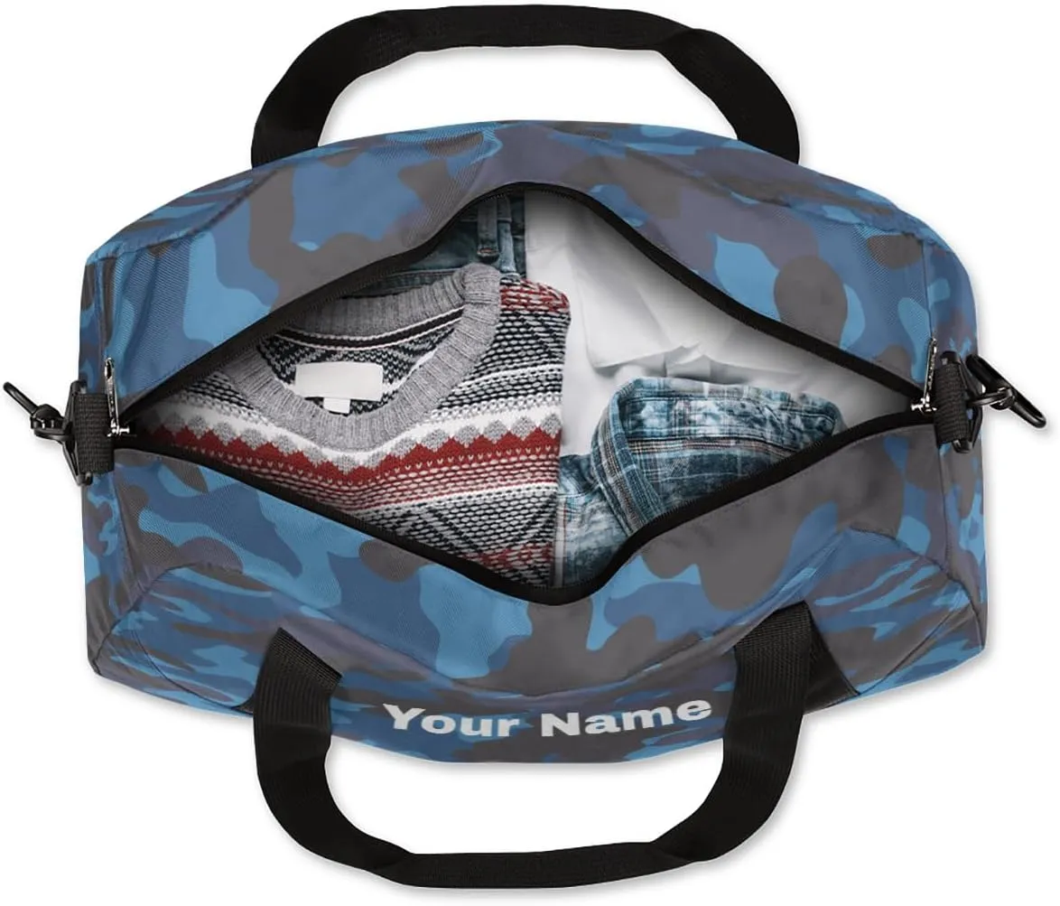 Personalized Kids Sport Duffel Bag Custom Name Weekender Overnight Bags for Boys Girls Teens Blue Camouflage Gym Bag Carry On Workout Travel Bag