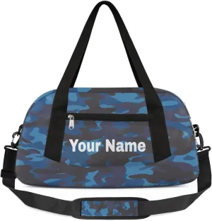 Personalized Kids Sport Duffel Bag Custom Name Weekender Overnight Bags for Boys Girls Teens Blue Camouflage Gym Bag Carry On Workout Travel Bag