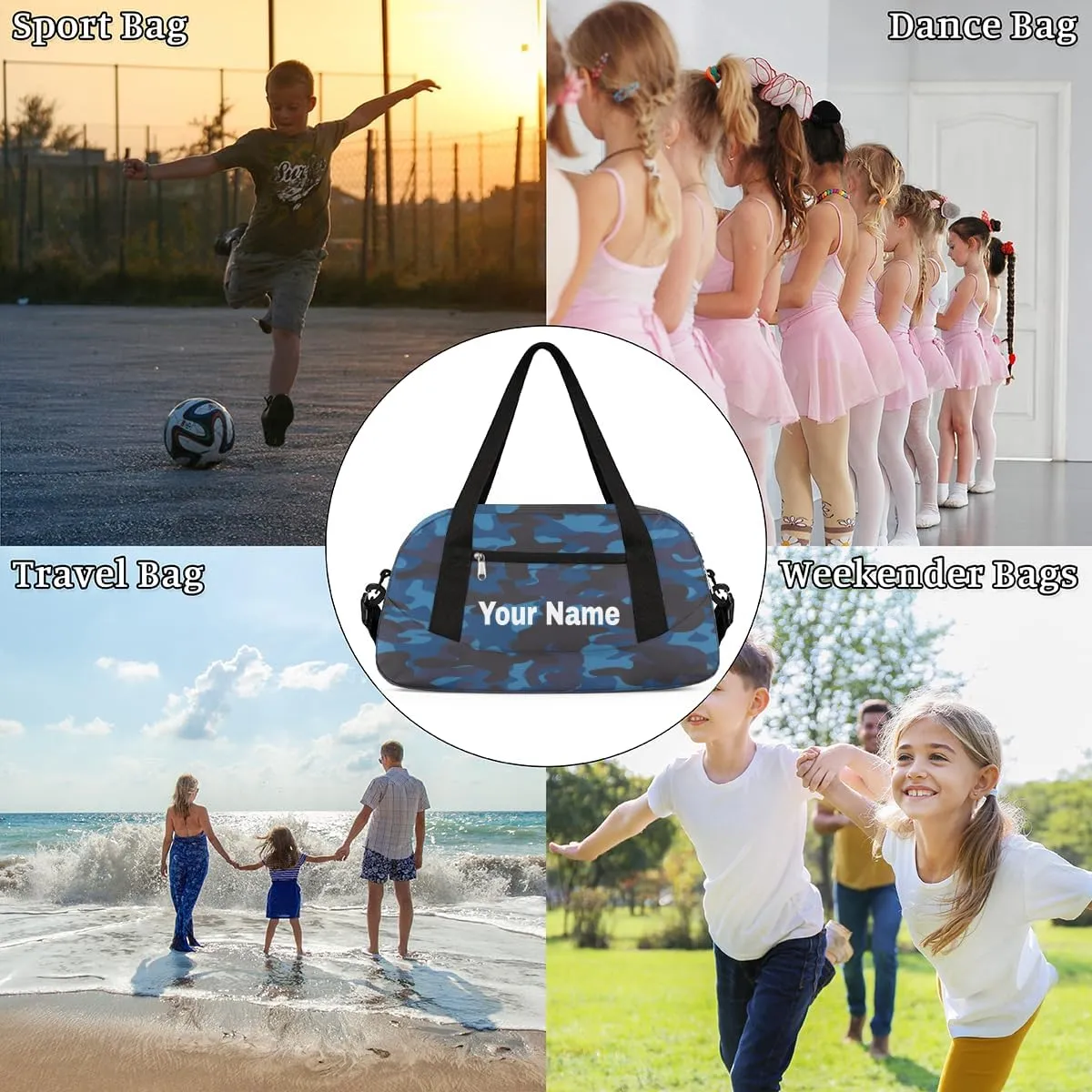 Personalized Kids Sport Duffel Bag Custom Name Weekender Overnight Bags for Boys Girls Teens Blue Camouflage Gym Bag Carry On Workout Travel Bag