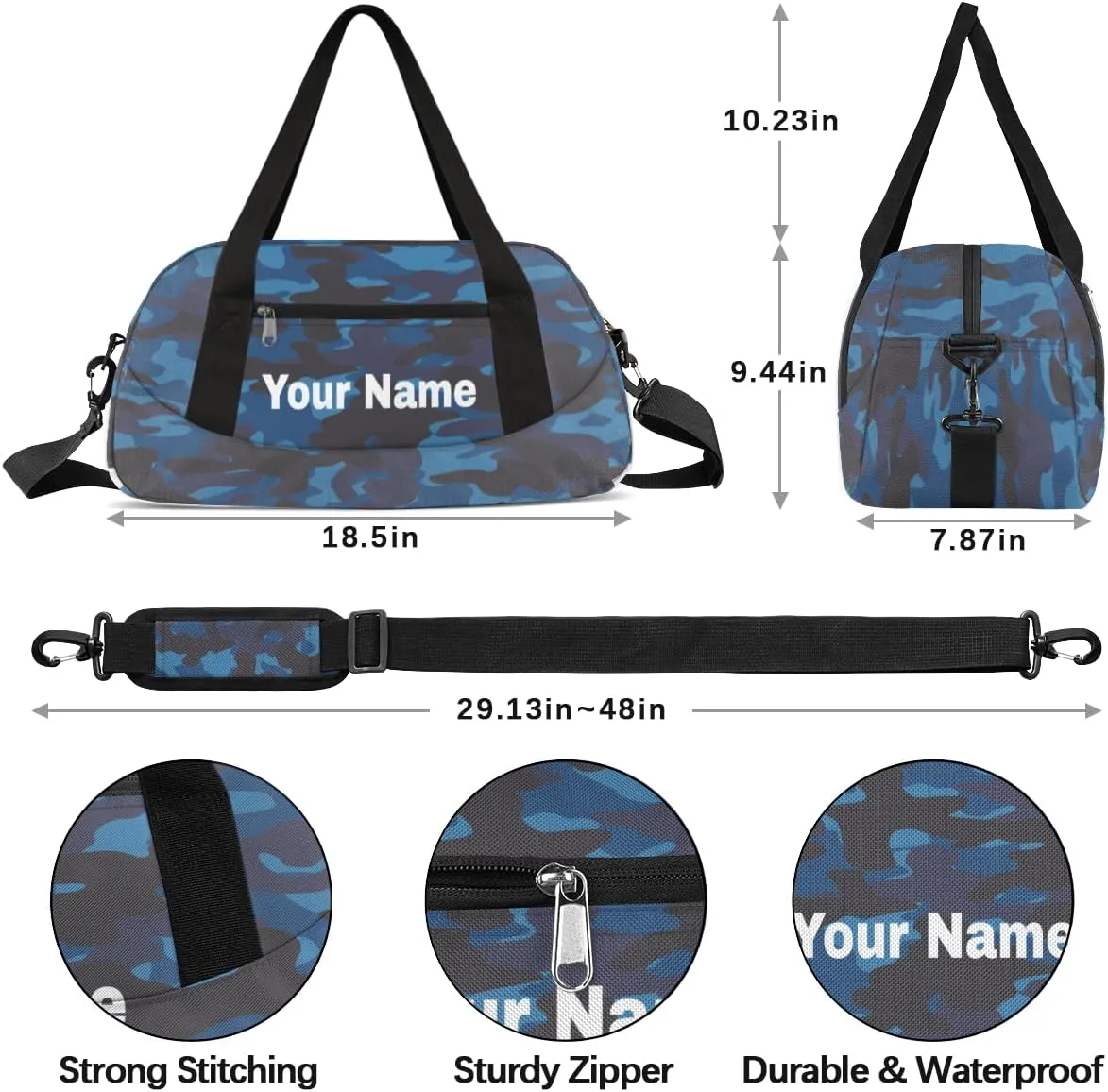 Personalized Kids Sport Duffel Bag Custom Name Weekender Overnight Bags for Boys Girls Teens Blue Camouflage Gym Bag Carry On Workout Travel Bag