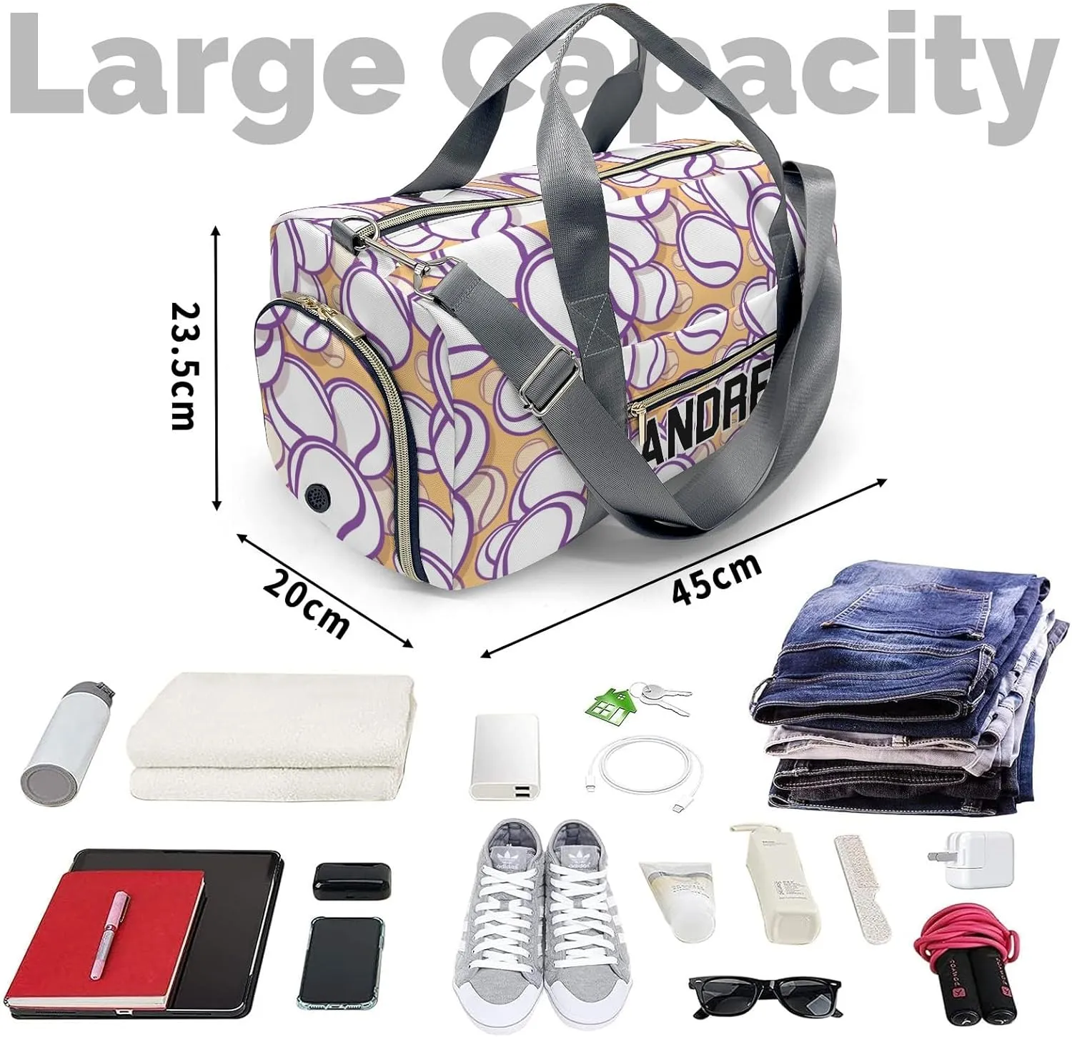 Personalized Luggage Bag Yellow Tennis Customized Travel Bag with Name Sports Bag Dance Bag Weekend Vacation Gym Bag
