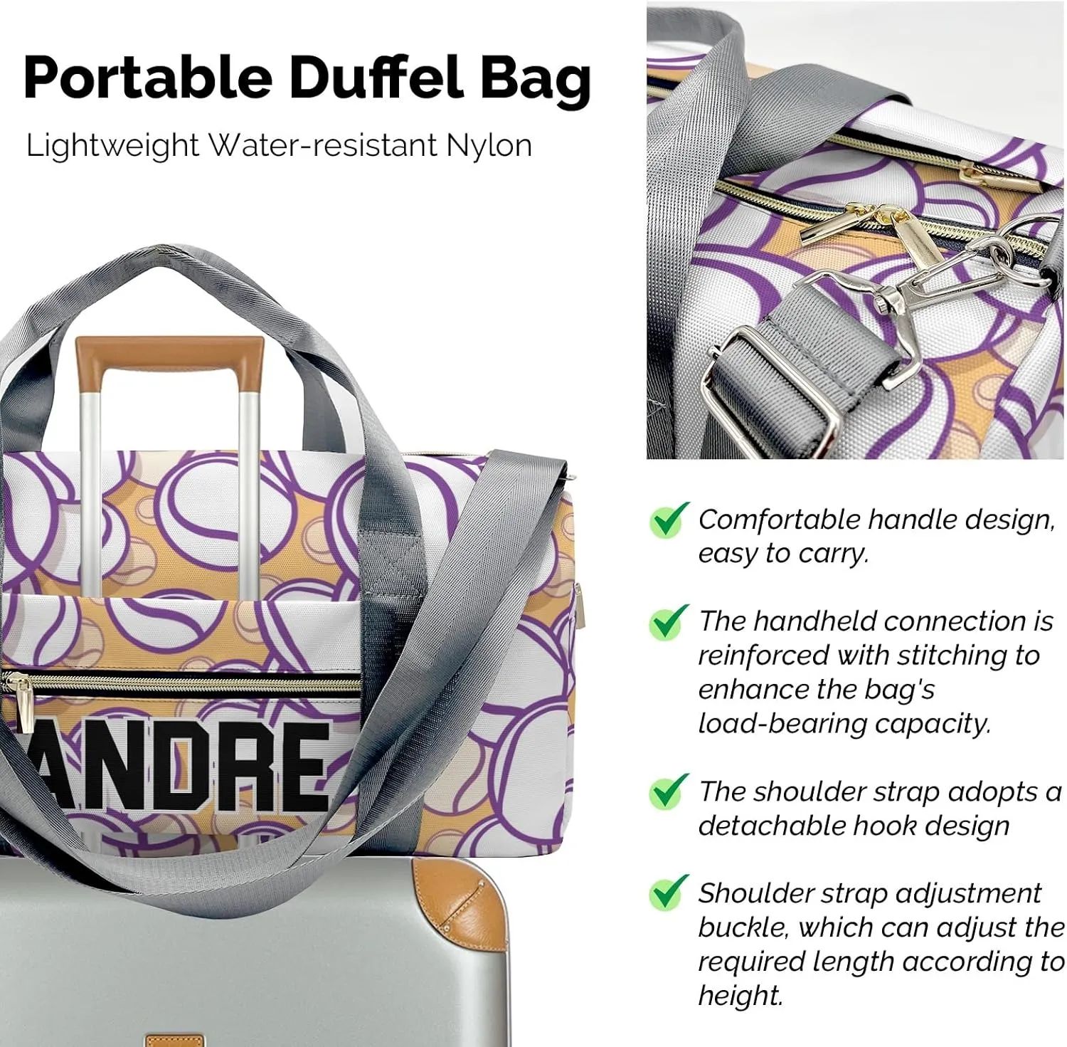 Personalized Luggage Bag Yellow Tennis Customized Travel Bag with Name Sports Bag Dance Bag Weekend Vacation Gym Bag