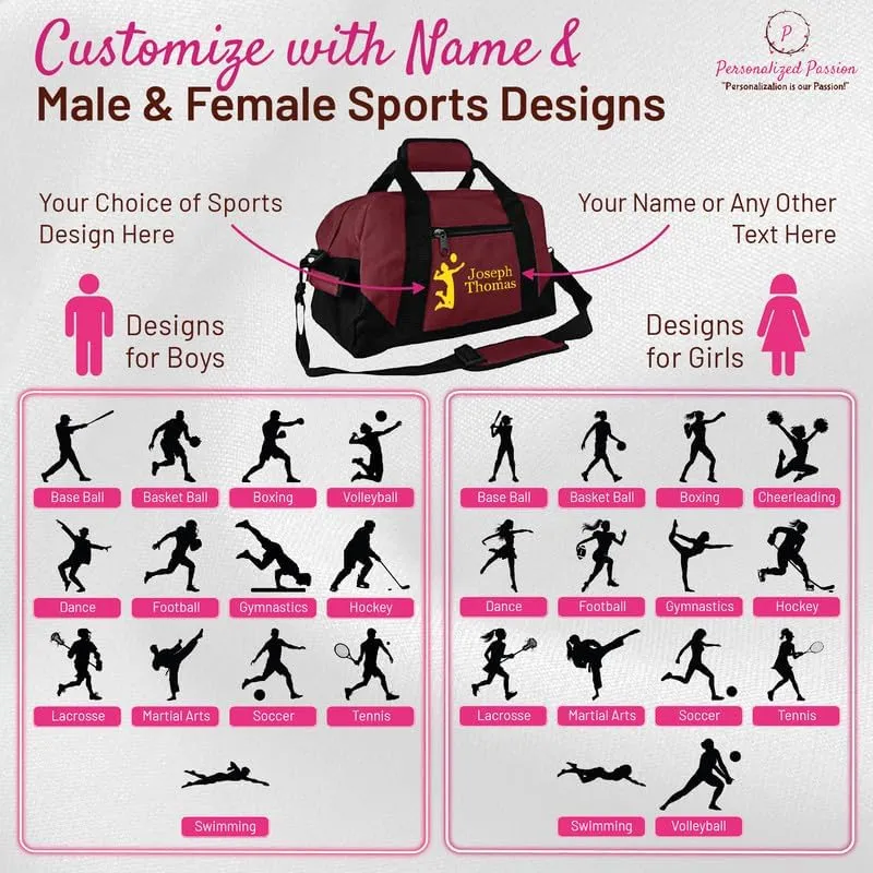 Personalized Passion Small Sports Duffel Bags for Kids - 14” Waterproof Travel Duffle with Embroidered Name & Baseball Design - Gold Two-Toned Kids Weekender Bag for Boys and Girls