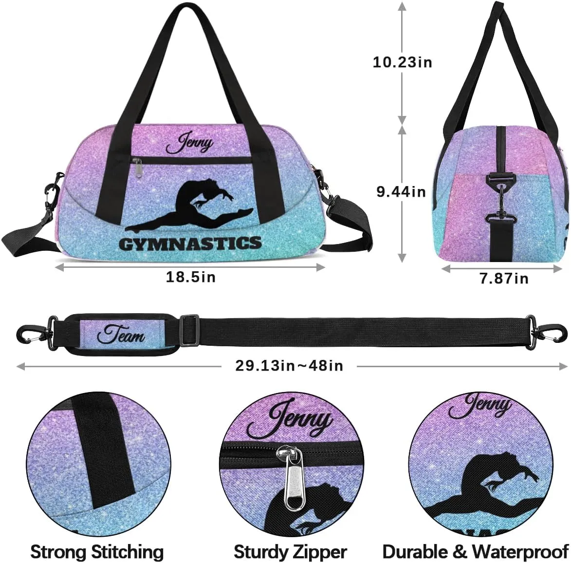 Personalized Sport Dance Bag for Girls, Customized Kids Gymnastics Overnighter Duffle Bag for Gym,Travel Carry on Weekender Bags with Name Team Gifts,Glitter