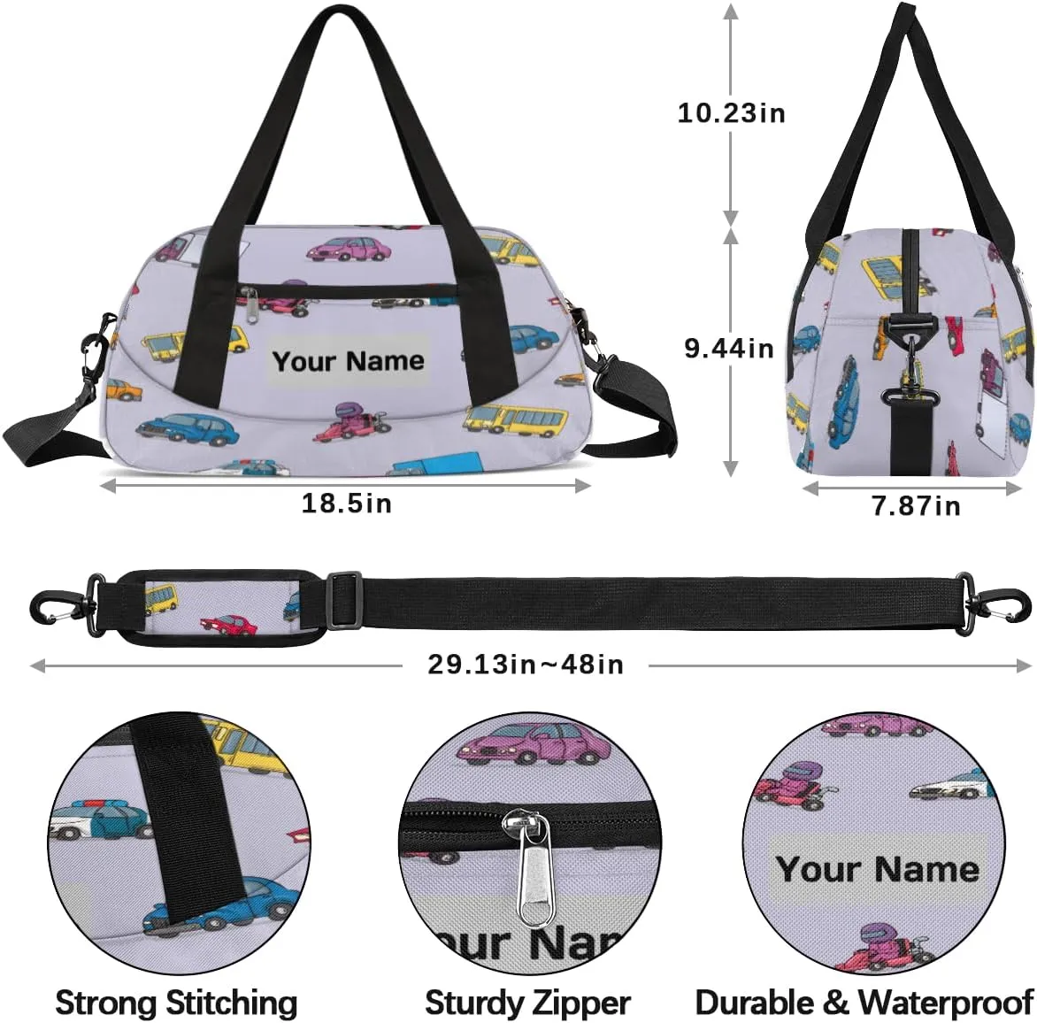 Personalized Sports Duffel Bag for Kids, Custom Dance Bag Gym Bag for Girls, Weekender Bags Travel Duffle Bag for Boys, Cartoon Cars Themed