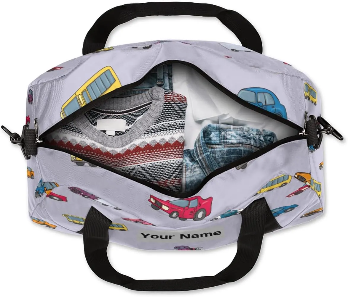 Personalized Sports Duffel Bag for Kids, Custom Dance Bag Gym Bag for Girls, Weekender Bags Travel Duffle Bag for Boys, Cartoon Cars Themed