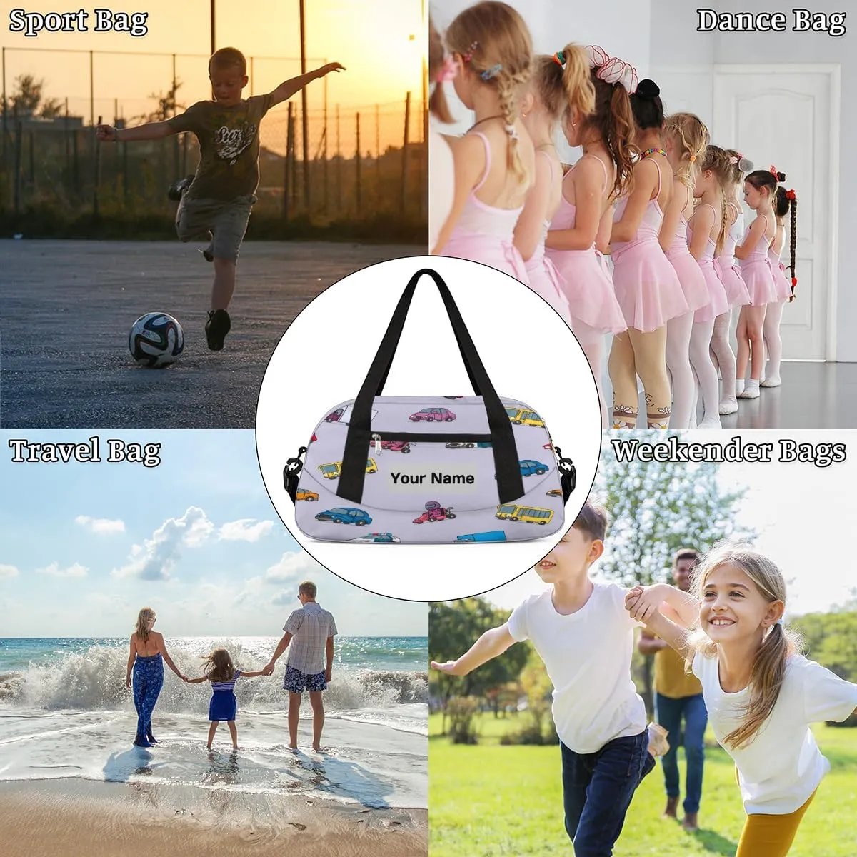 Personalized Sports Duffel Bag for Kids, Custom Dance Bag Gym Bag for Girls, Weekender Bags Travel Duffle Bag for Boys, Cartoon Cars Themed