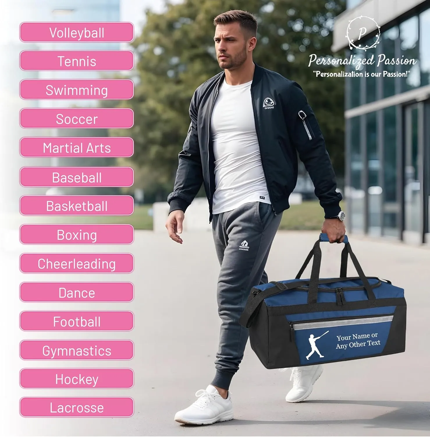 Personalized Sports Duffel Bags for Men and Women - 22” Customized Travel Duffle with Name & Baseball Design - Water Resistant Two-Toned Overnight Weekender Bag - Army Green