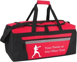 Personalized Sports Duffel Bags for Men and Women - 22” Customized Travel Duffle with Name & Boxing Design - Water Resistant Two-Toned Overnight Weekender Bag - Red