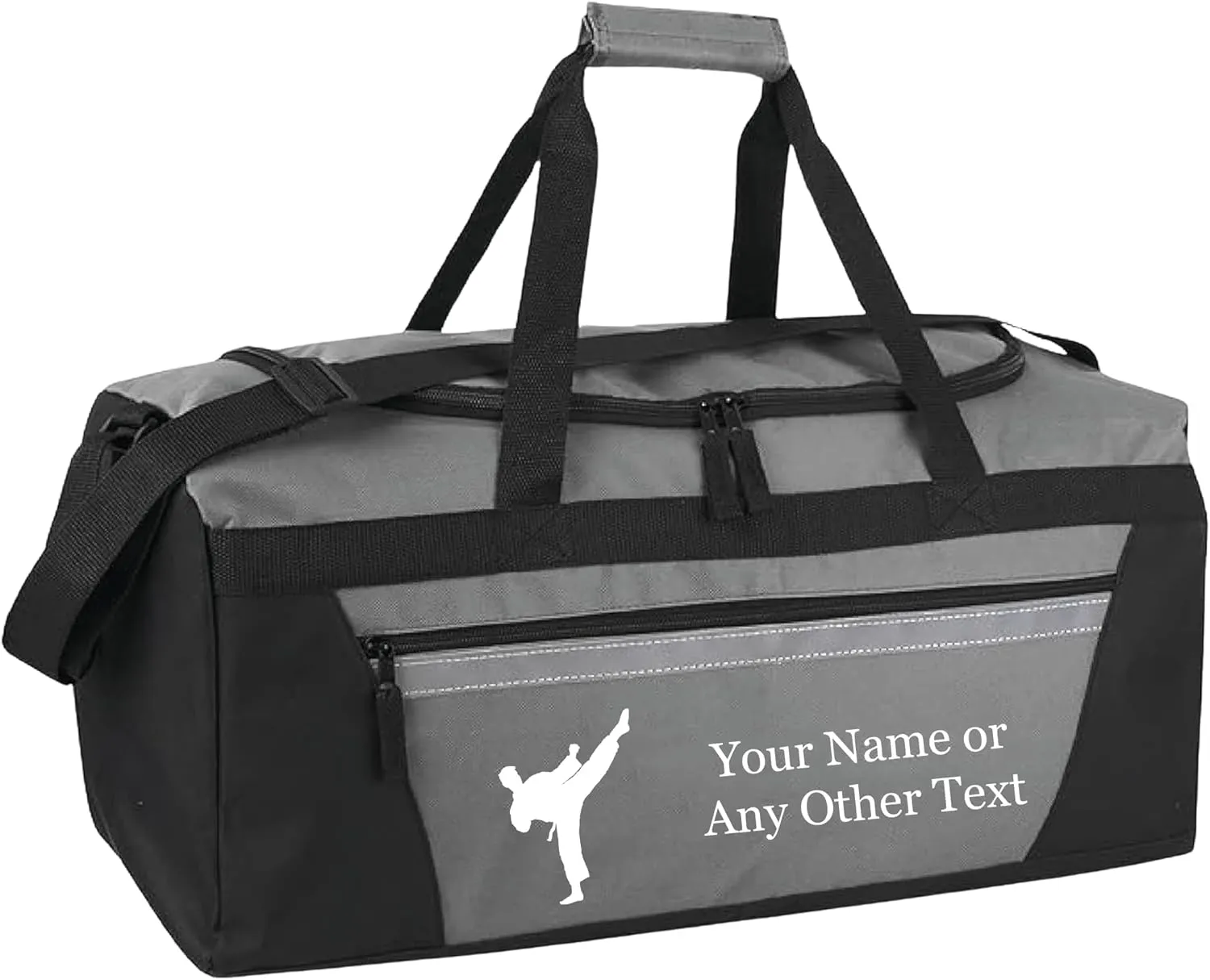Personalized Sports Duffel Bags for Men and Women - 22” Customized Travel Duffle with Name & Martial Arts Design - Water Resistant Two-Toned Overnight Weekender Bag - Gray
