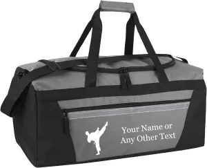 Personalized Sports Duffel Bags for Men and Women - 22” Customized Travel Duffle with Name & Martial Arts Design - Water Resistant Two-Toned Overnight Weekender Bag - Gray