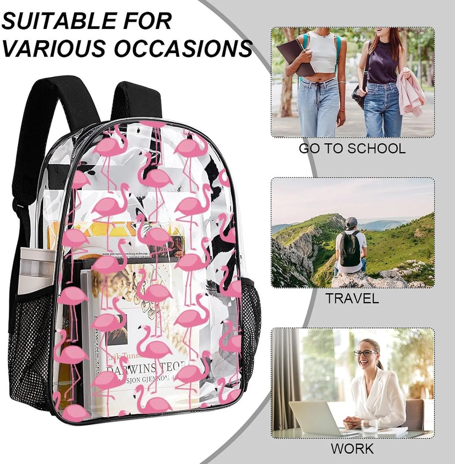 Pink Flamingo Pattern Clear Backpack with Padded Straps