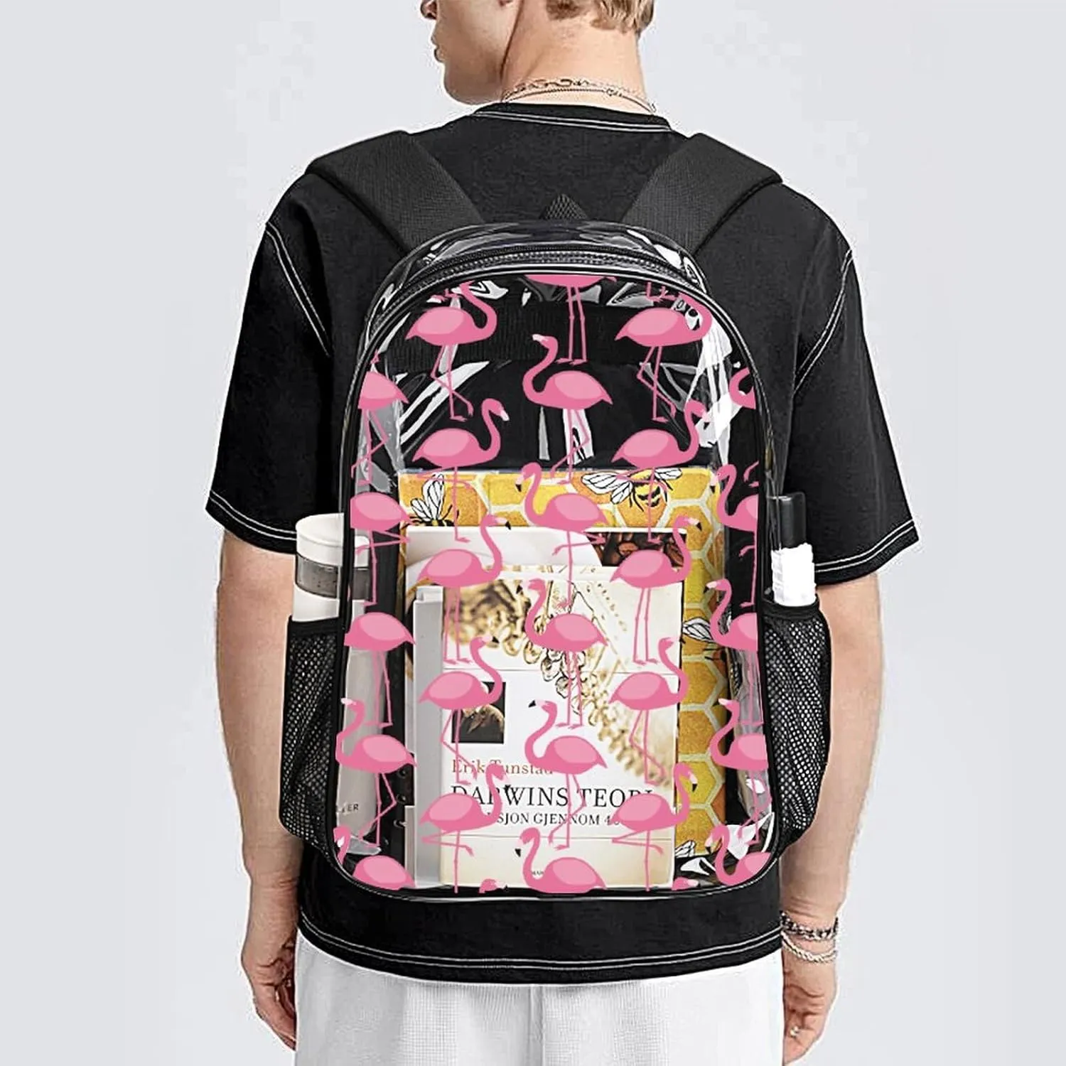 Pink Flamingo Pattern Clear Backpack with Padded Straps