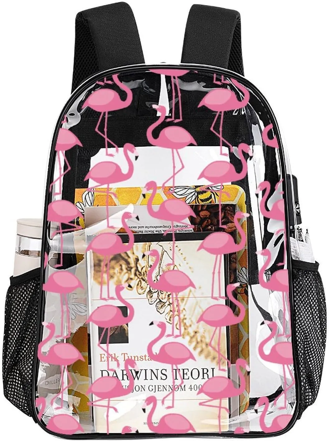Pink Flamingo Pattern Clear Backpack with Padded Straps