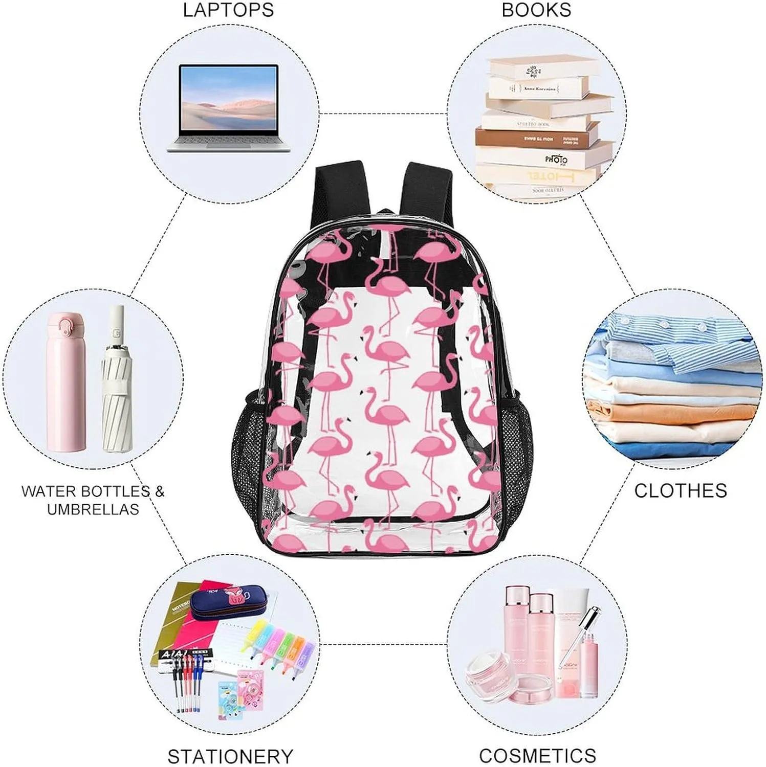 Pink Flamingo Pattern Clear Backpack with Padded Straps