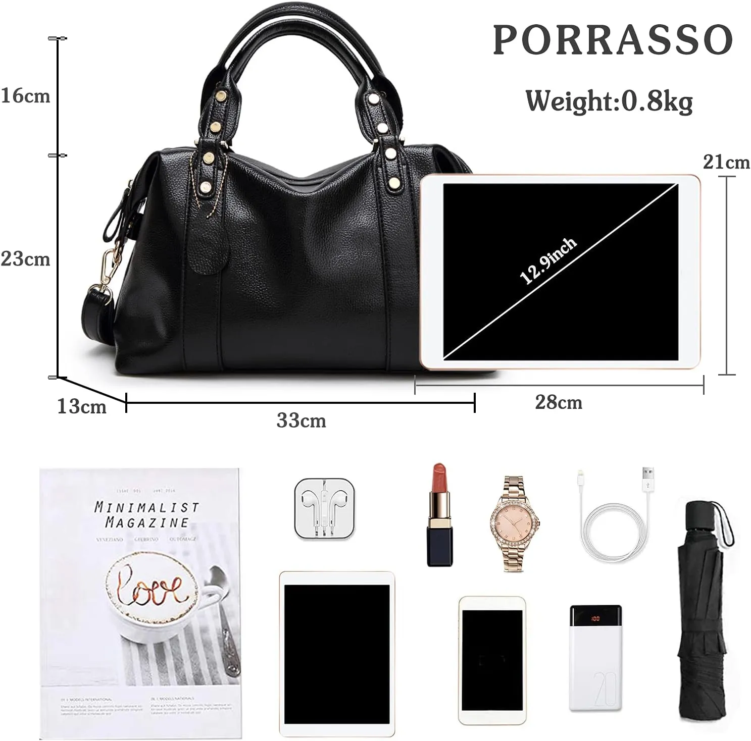 PORRASSO Elegant Ladies Shoulder Crossbody Top-Handle Work Travel Dating Boston Bag - Waterproof PU Leather Black
