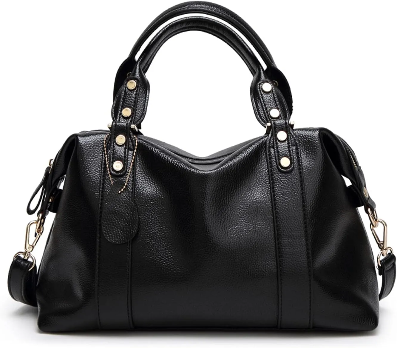 PORRASSO Elegant Ladies Shoulder Crossbody Top-Handle Work Travel Dating Boston Bag - Waterproof PU Leather Black